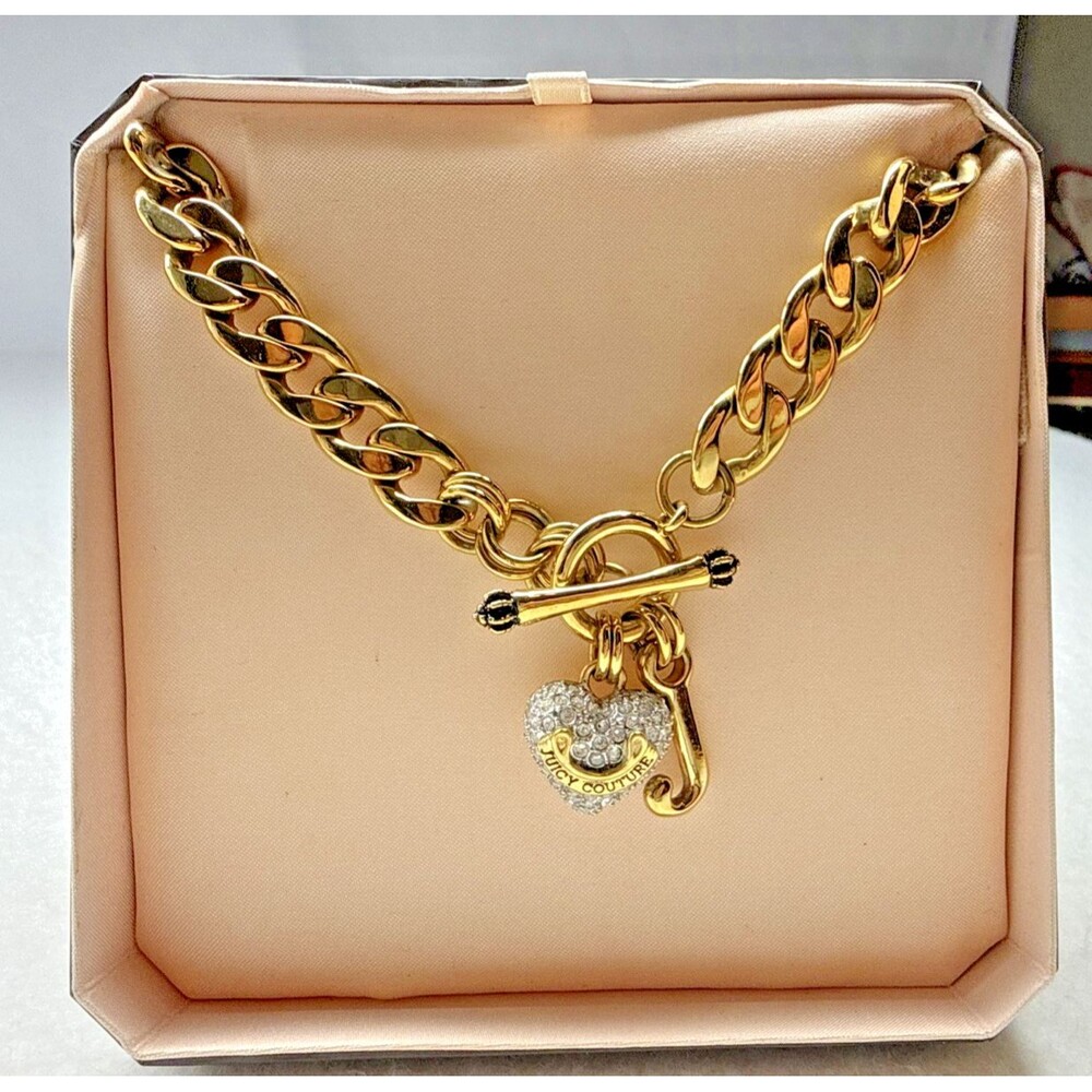 Juicy Couture Gold Tone Pavé Heart J Charm Chunky Chain Toggle Necklace Box